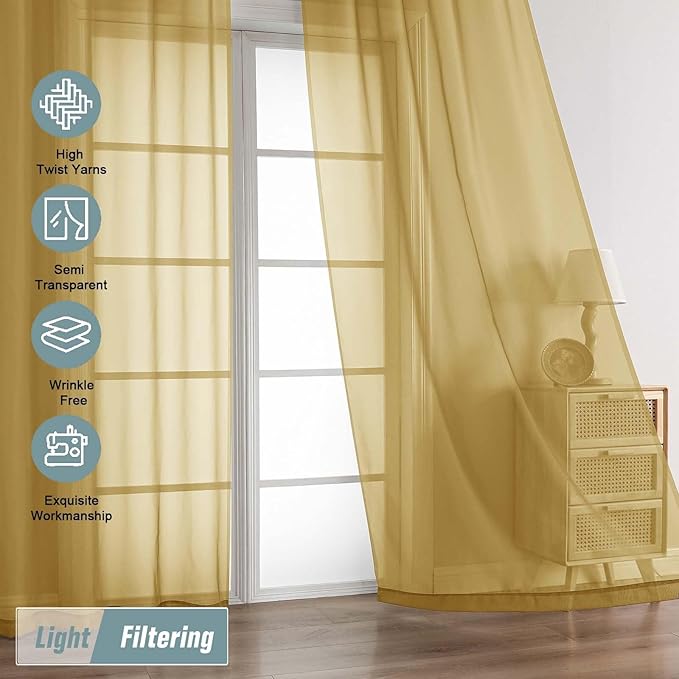 Gold Sheer Curtains for Window 72 inches Long 2 Panels Set, Soft Airy Modern Light Filtering Sheer Curtains for Living Room Bedroom, Dual Rod Pocket Solid Window Drapes, 2x42Wx72L inches