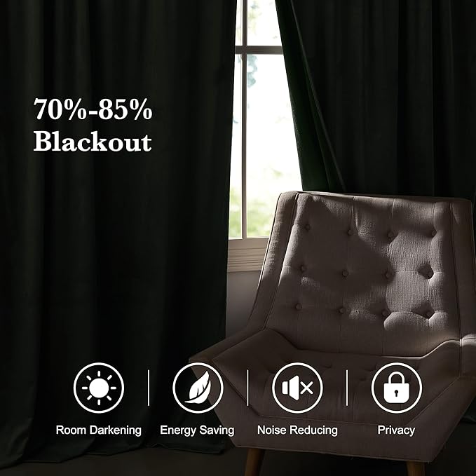 RYB HOME Elegant Green Velvet Curtains 84 inches Long, Light Blocking, Thermal Insulated, Stylish Velvet Drapes with Hook Belt for Cozy Home Aesthetics, 52" W x L84 L, 2 Panels Set