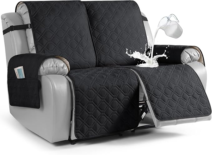 VANSOFY Waterproof Recliner Couch Covers, Sofa Covers 1-Piece Washable Reclining Sofa Cover Non-Slip Furniture Protector with Elastic Straps Pocket for Dogs, Pets(Black,2 Seater)