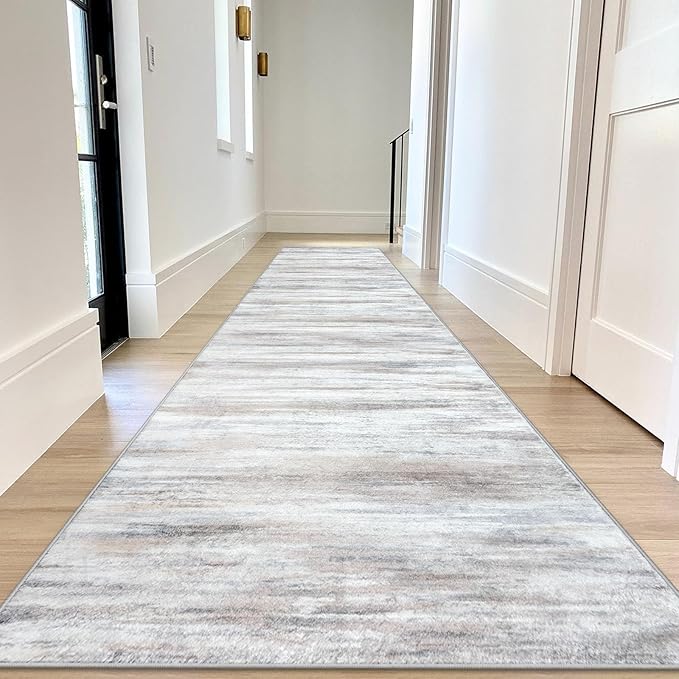 KOZYFLY Modern Abstract Kitchen Runner Rug, 2.6x12 Washable Rug Runner Non-Slip Soft Striped Hallway Runner Rugs, Beige Print Carpet Runner for Entryway Bathroom Laundry Room Foyer