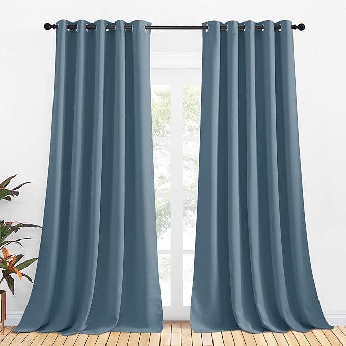 NICETOWN Blackout Curtain Panels for Bedroom, 2 Panels, W70 x L95-inch, Smoky Blue, Thermal Insulated Grommet Top Blackout Draperies and Drapes for Basement