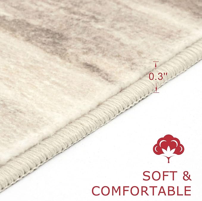 KOZYFLY Modern Abstract Rugs for Entryway 2x3, Washable Kitchen Rug Non-Slip Soft Small Bathroom Rug, Beige Brown Striped Small Area Rugs Print Faux Wool Doormat for Bedside Entrance Bedroom Sink