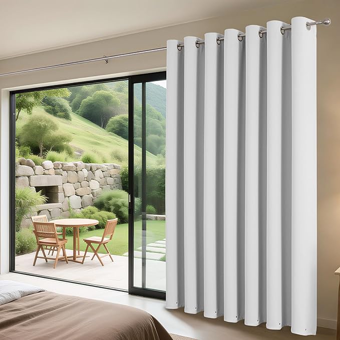 Joydeco Blackout Patio Sliding Door Curtains 90 Inches Long, Grommet Privacy Room Divider Curtains, Extra Wide Thermal Blackout Drapes for Bedroom Living Room (Greyish White, 60Wx90L, 1 Panel)