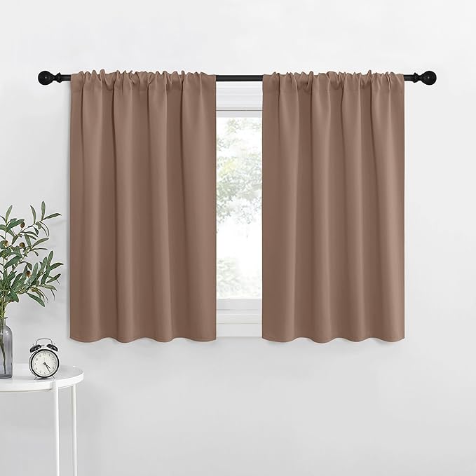 NICETOWN RV Blackout Curtains for Camper Windows, Window Treatment Thermal Insulated Rod Pocket Small Blackout Draperies/Drapes for Bedroom/Kitchen (Cappuccino, Set of 2, 34" Wide by 36" Long)