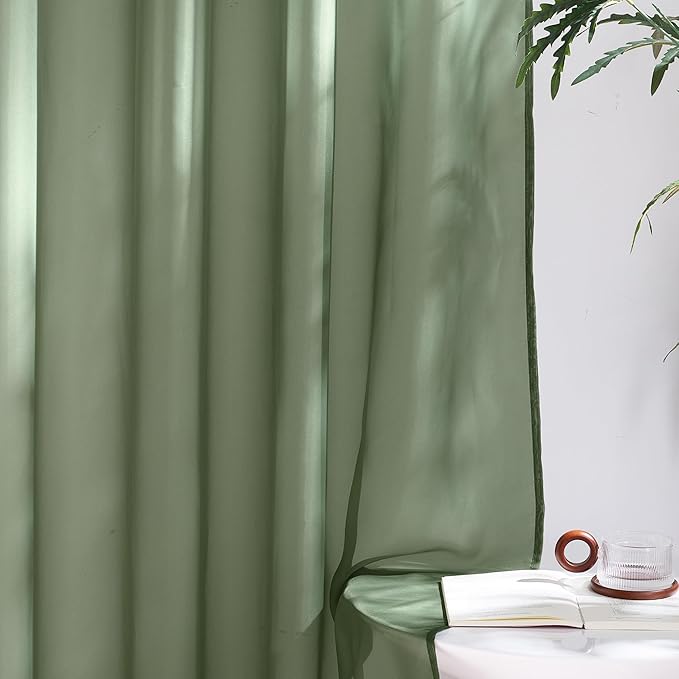 NICETOWN Forest Green Sheer Curtains 96inches Long for Living Room, Grommet Voile Sheer Light Filtering Window Treatments for Bedroom, Sage Green, W54 x L96, Set of 2