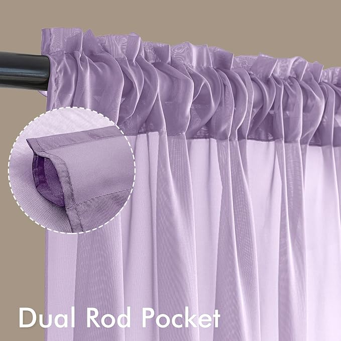 MIULEE Light Purple Sheer Curtains 96 Inches Long, 4 Panels Set, Lavender Light Filtering Rod Pocket Voile Drapes for Living Room and Bedroom, Airy Soft Fabric Window Treatments, 42 x 96 Inches