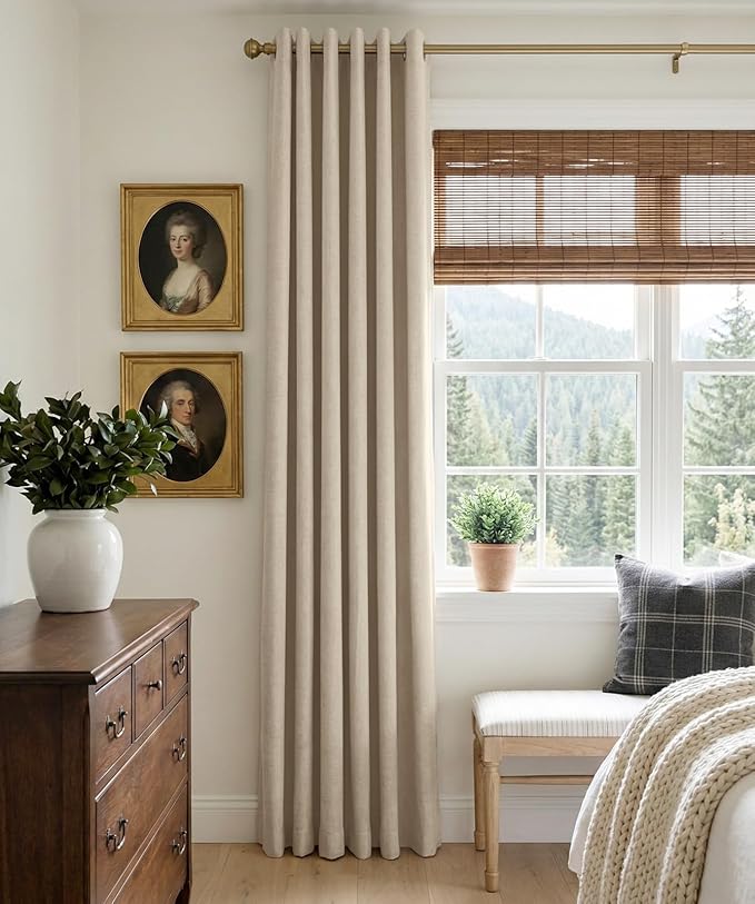 100% Blackout Shield Linen Blackout Curtains for Bedroom, Natural Flax Grommet Curtains for Living Room, Thermal Insulated Room Darkening Drapes for Nursery, Boho Home Decor, 50" W x 96" L, 2 Panels