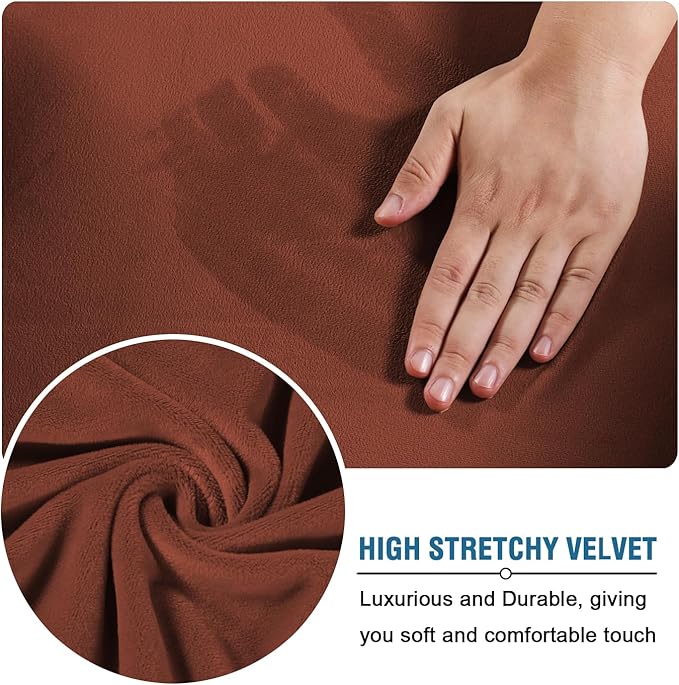 H.VERSAILTEX Modern Velvet Plush 4 Piece High Stretch Sofa Slipcover Sofa Cover Furniture Protector Form Fit Luxury Thick Velvet Sofa Cover for 3 Cushion Couch, Machine Washable (Sofa, Rust