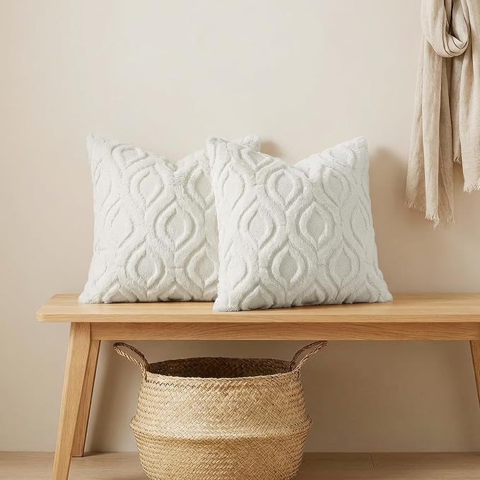 decorUhome Throw Pillow Covers 24x24 Inch Set of 2, Soft Plush Faux Wool Cream White Solid Couch Pillow Covers, Accent Euro Sham Farmhouse Neutral Square Pillow Cases for Sofa Bed Living Room