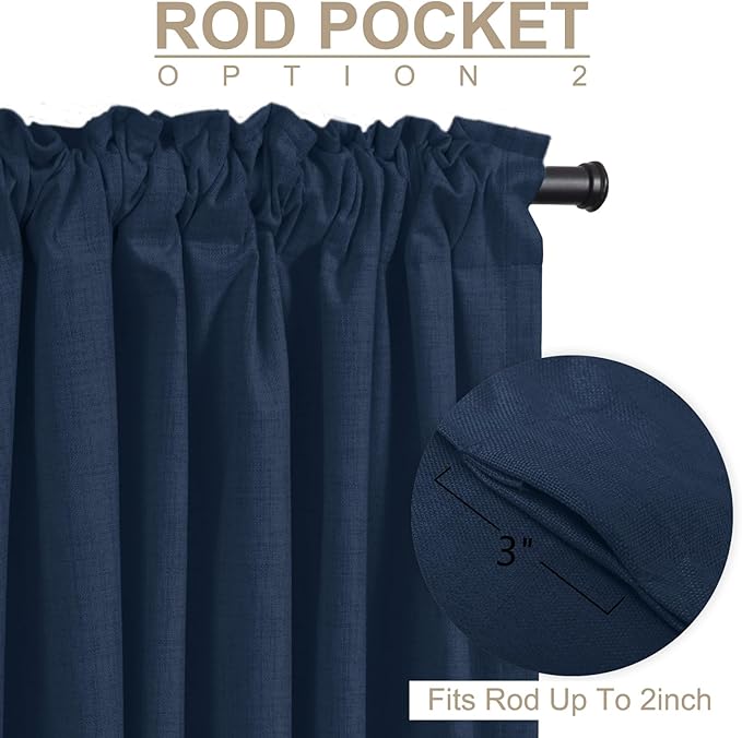 100% Blackout Shield Linen Blackout Curtains for Bedroom 90 Inches Long, Back Tab/Rod Pocket Living Room Drapes, Thermal Insulated Blackout Curtains 2 Panels Set, 50" W x 90" L, Midnight Blue