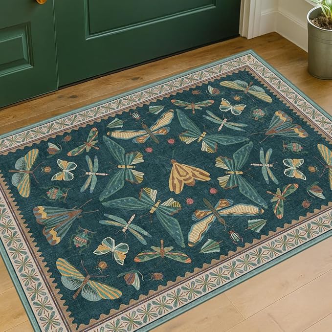 Hazo Haus Emerald Green Entry Rugs for Inside House - 2x4 Kitchen Rugs Non Slip for Bathroom, Powder Room, Vintage Unique Colorful Décor, Washable Stain & Fade Resistant