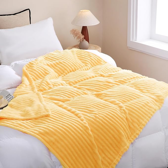 Light Yellow Fleece Throw Blanket 60”×80” for Couch Sofa Bed,Super Soft Cozy Plush Microfiber Flannel Blanket with Stripes Design Lightweight for Adults,Woman,Girls