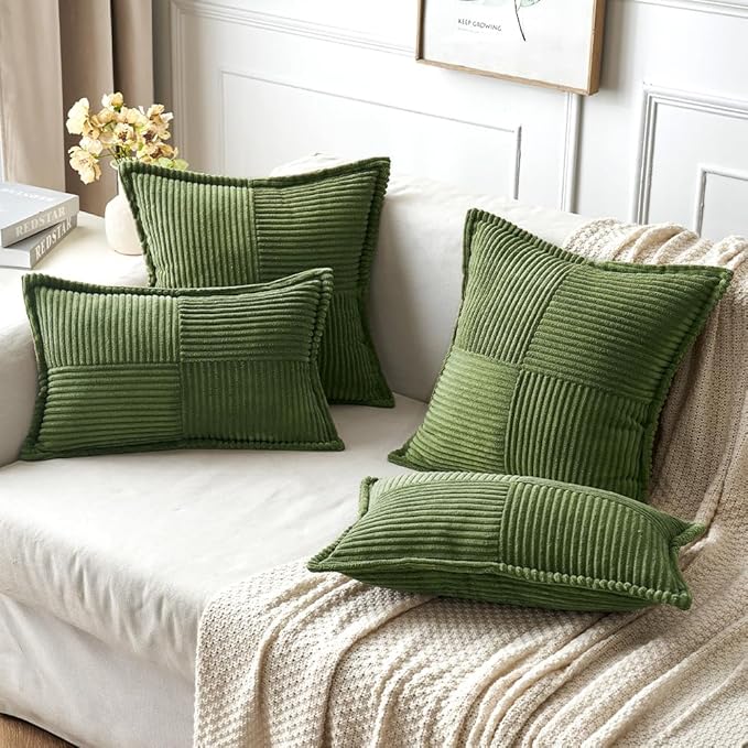 MIULEE Spring Decorative Throw Pillow Covers for Couch Bed Livingroom 18x18 Inch Set of 2 Moss Green Boho Accent Throw Pllows Broadside Striped Patchwork Soft Corduroy Summer Pillowcases