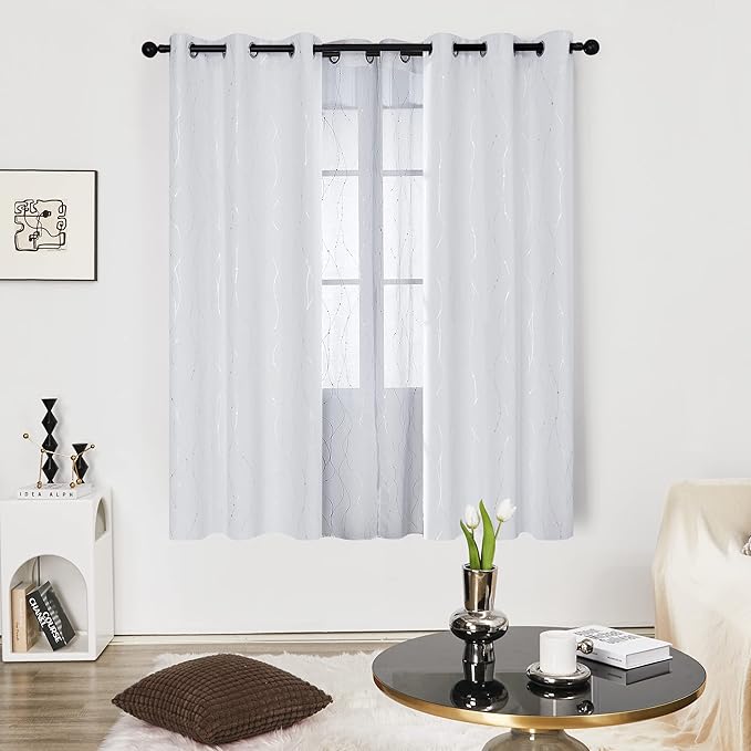 Deconovo Bedroom Curtains, Light Darkening Drapes, Thermal Insulated Soundproof Panel, Silver Wave Dot Print, 42 x 72 Inch, Machine Washable Window Panels for Living Room Home, Set of 2, Greyish White
