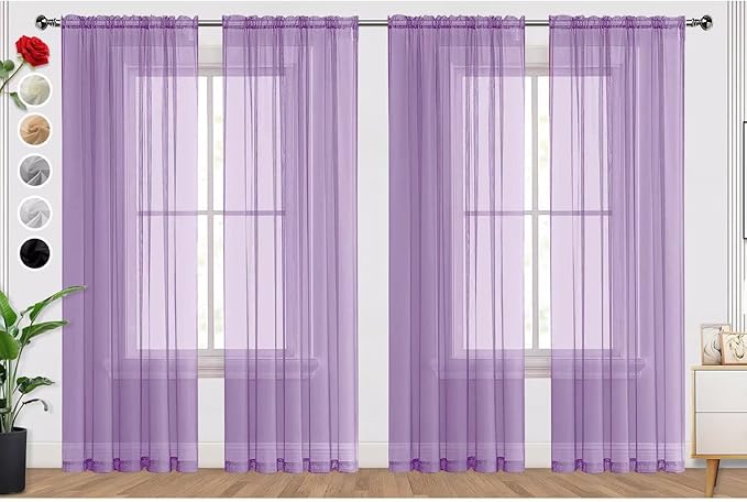 SpaceDresser Lavender Sheer Curtains 4 Panels Rod Pocket Semi-Sheer Curtain 72 Inches Long Light Filtering Voile Window Drapes for Bedroom Living Room Kitchen, Each 52W x 72L