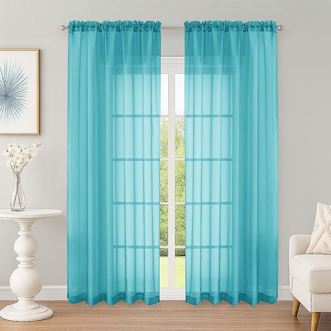 OWENIE Sheer Curtains 84 Inches Long 2 Panels Set, Sheer Turquoise Curtains for Living Room Bedroom 59 Inch Extra Wide, Modern Voile Filmy Rod Pocket Drapes, 2 Pcs, Each 59 W x 84L, Turquoise