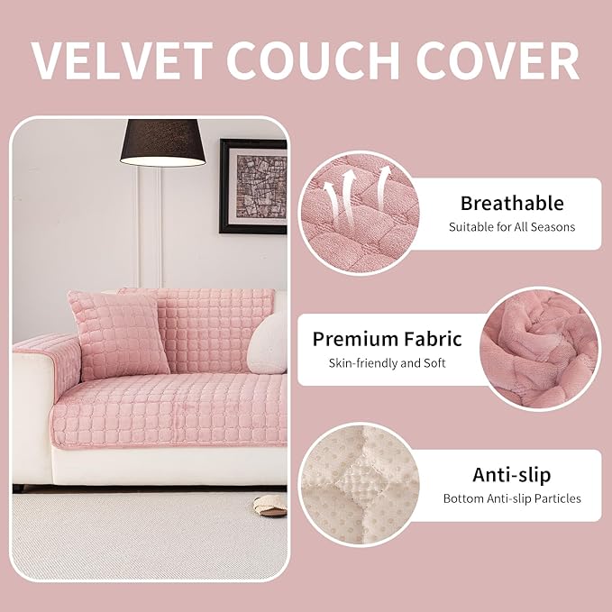 Velvet Couch Cover, Washable Sectional Sofa Cover, Anti Slip Sofa Slipcover for 3 Cushion Couch Sofa L Shaped Armrest Backrest, Furniture Protector Covers for Pets Kids(1PC,Pink,36"×94")