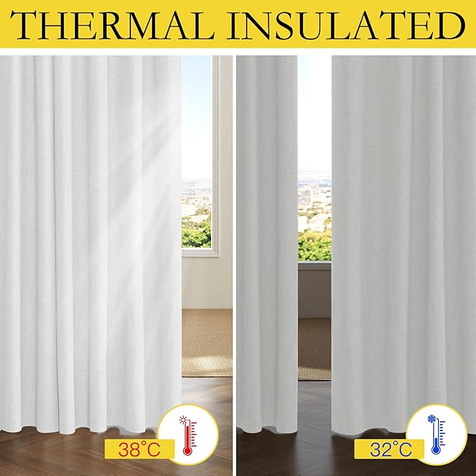 NICETOWN 100% Absolutely Blackout Linen Curtains with Thermal Insulated Liner, Greyish White, 52" Wide, 102" Length Energy Saving Curtains for Living Room 2 Panels Set, Vertical Blinds