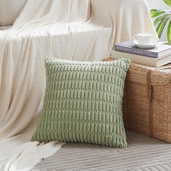 Fancy Homi 4 Packs Sage Green Decorative Throw Pillow Covers 26x26 Inch for Living Room Couch Bed Sofa, Rustic Farmhouse Boho Home Decor Soft Plush Striped Corduroy Square Cushion Case 66x66 cm