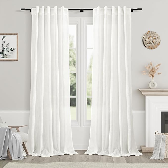 Ivory Linen Curtains 108 Inches Long 2 Panels Set Back Tab Rod Pocket Semi Sheer Cotton Textured Light Filtering Extra Long Curtain Farmhouse High Ceiling Curtains for Living Room 9Ft 40x108
