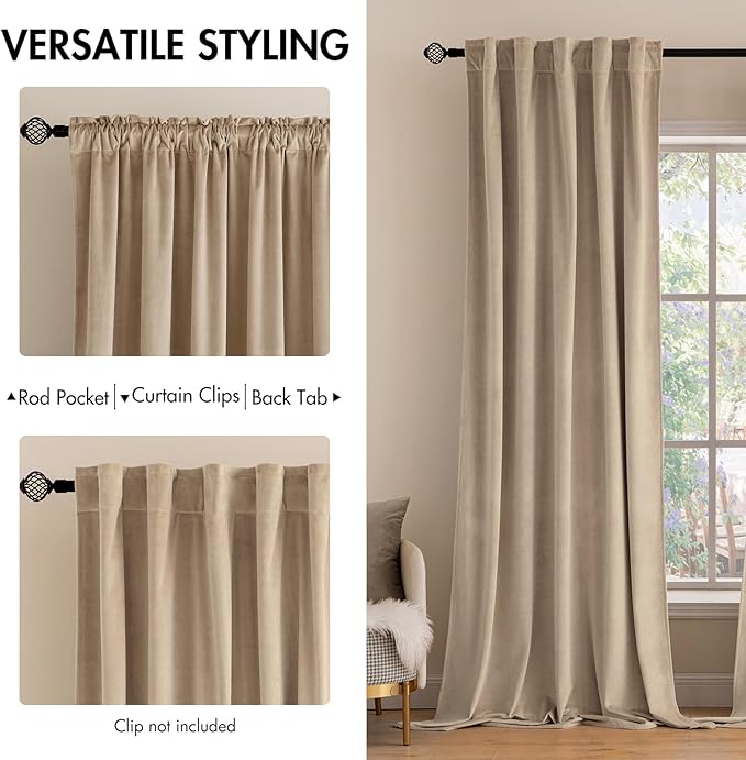 MIULEE Velvet Curtains 108 inches Long 2 Panels - Luxury Blackout Curtains for Bedroom Living Room Thermal Insulated Super Soft Window Drapes Rod Pocket & Back Tab, Camel Beige