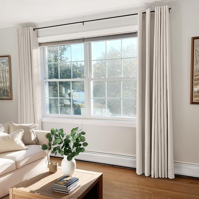 100% Blackout Shield Linen Blackout Curtains for Bedroom, Beige Grommet Curtains for Living Room, Thermal Insulated Room Darkening Drapes for Nursery, Boho Home Decor, 50" W x 90" L, 2 Panels