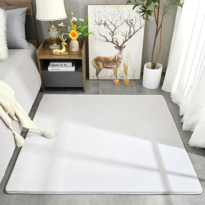 Amearea 5x5 Square Area Rugs for Bedroom Living Room, Modern White Thickened Memory Foam Rug, Fluffy Indoor Washable Rugs Non Slip Minimalist Carpet for Kids Boys Girls Dorm Nursery Room Decor