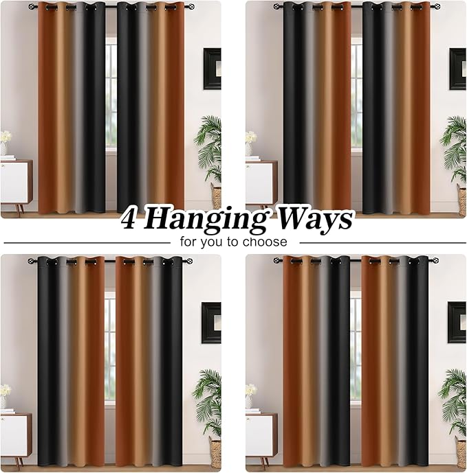 Yakamok Blackout Ombre Burnt Orange and Black Curtains-Gradient Room Darkening Curtain, Grommet Thermal Insulated Light Blocking Window Drapes Curtain for Living Room Bedroom,52 x 63 Inch,2 Panels