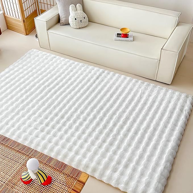 White Rabbit Plush Rug 5'x8', Fluffy Faux Fur Shaggy Area Rug for Nursery, Kids Room Decor, Soft Fuzzy Carpet for Living Room, Bedroom, Teen Girls Room