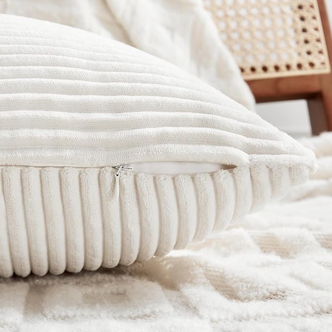Fancy Homi 2 Packs Cream White Lumbar Decorative Throw Pillow Covers 20x28 Inch for Couch Bed Sofa, Rustic Farmhouse Boho Home Decor, Soft Striped Corduroy Rectangle Accent Cushion Case 50x70 cm