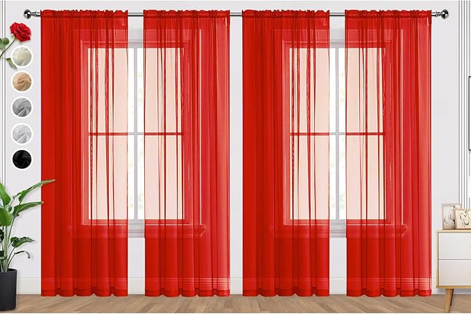 SpaceDresser Sheer Red Curtains 4 Panels Rod Pocket Semi-Sheer Curtain 108 Inches Long Light Filtering Voile Window Drapes for Bedroom Living Room Kitchen, Each 52W x 108L