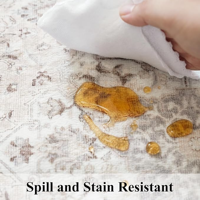 4x5 Living Room Area Rugs: Washable Farmhouse Bedside Rugs Non Slip Low Pile Vintage Small Carpet for Kitchen Bedroom Non-Shedding Printed Floor Mat for Nursery Room Office Dining Room(4x5，Beige)