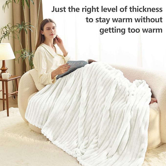 HIMEET Off White Ribbed Queen Size Blanket for Bed - 300GSM Lightweight Fleece Blanket for Men Women, Large Sofa Couch Cover Bed Blankets Gifts, Striped Spring Home Room Decor, Off White, 90x90 Inches