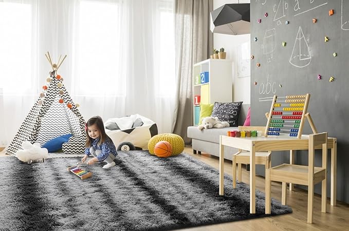 TWINNIS Super Soft Shaggy Rugs Fluffy Carpets, 5x8 Feet, Indoor Modern Plush Area Rugs for Living Room Bedroom Kids Room Nursery Home Decor, Upgrade Anti-Skid Rectangular Fuzzy Rug, Gray Black