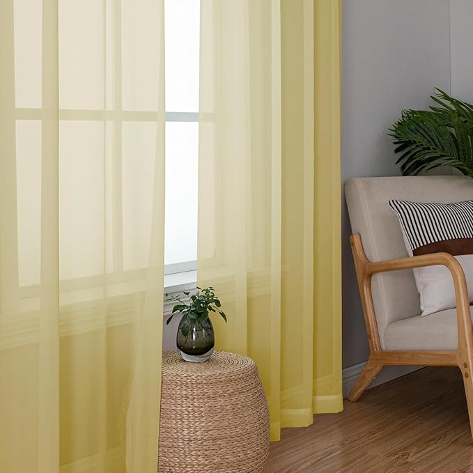 Aiyufeng Yellow Sheer Curtains 54 Inch Length 2 Panels Set, Light Filtering Airy Rod Pocket Yellow Window Curtain Treatment Drapes for Kitchen Bedroom Living, Each 42Wx54L Inches
