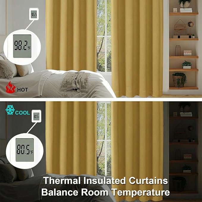 Simplebrand Blackout Extra 10ft Curtains for Patio 120 Inches Long 2 Panels Set, Solid Thermal Insulated Energy Saving Rod Pocket Window Treatment Curtains Blackout Drapes, 50" Wx120 L, Bright Gold