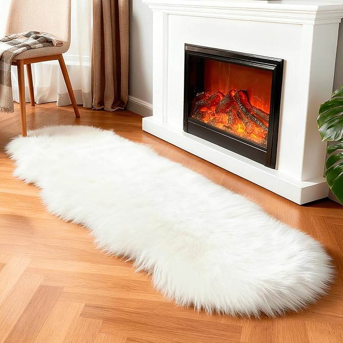linmopm Faux Fur Rug Sheepskin Shag Fluffy Fuzzy White 2x6 ft Runner Rugs for Bedroom Bedside Bed Floor Living Room Plush High-Density Cushion Carpet Super Sofa Cover