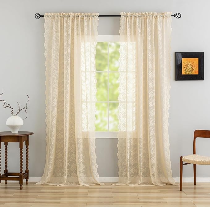 YJ YANJUN Vintage Lace Curtains 132 Inches Long-Victorian Floral Fancy Beige Sheer Curtain Panels for Living Room Bedroom,Light Filtering, Boho 70s Grandma Core Decor 2 Panels 52W x 132L