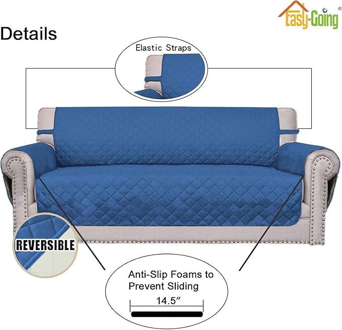Easy-Going Reversible Loveseat Couch Cover for 2 Cushion Couch Sofa Cover for Dogs Water Resistant Furniture Protector with Foam Sticks Elastic Straps for Pet (Loveseat, Blue/Ivory)