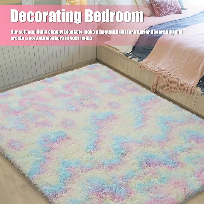 Shag Area Rug for Bedroom 3x5,Fluffy Area Rugs for Living Room,Soft Fuzzy Rug Non-Shedding Indoor Plush Carpet for Kids Bedroom Nursery Dorm Home Decor,Rainbow Purple