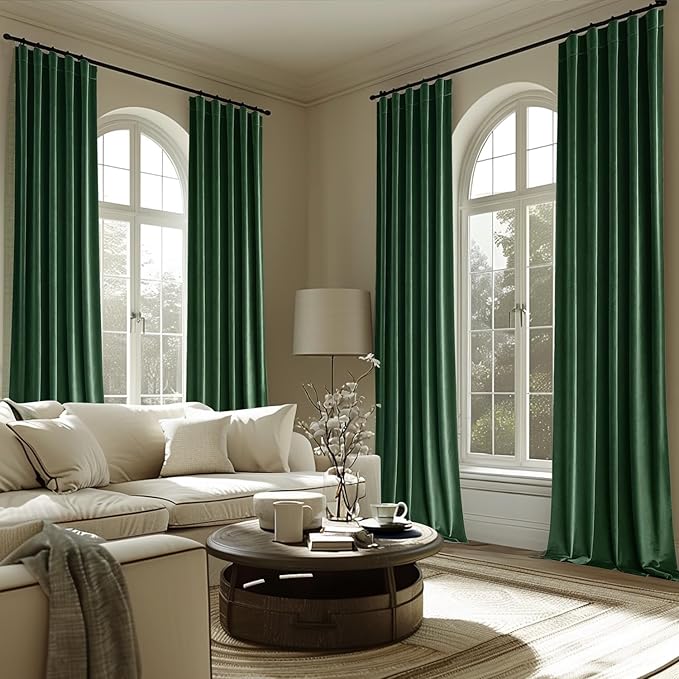 MIULEE Velvet Curtains 108 inches - Luxury Christmas Blackout Curtains for Bedroom Living Room Thermal Insulated Super Soft Window Drapes Back Tab, Hunter Green, W52 x L108 inches, 2 Panels