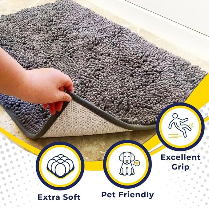 Muddy Mat® | Super Absorbent Door Mat Indoor, Microfiber Quick Dry Chenille Entryway Rug, Non-Slip Front Door Mat, Indoor Mats for Entryway, Machine Washable Pet Rug, Grey 24"x72"