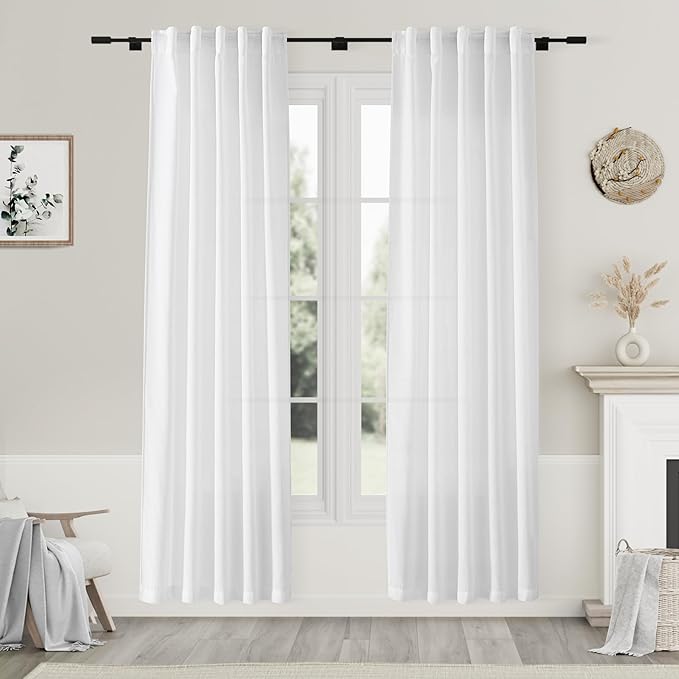 Nanspring White Semi Sheer Linen Curtains 80 Inch Length 2 Panel Set Thermal Insulated Back Tab Drapes for Bedroom Dining Room Classroom Privacy Light Filtering Windows 40x80 Inch