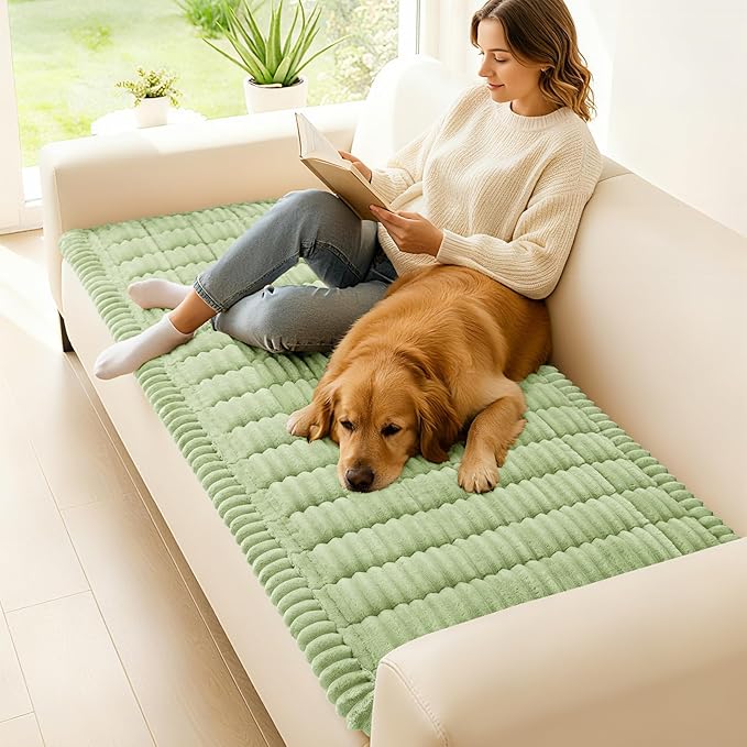hyha Couch Covers for Dogs Washable, Non Slip Plush Dog Sofa Protectors, Fuzzy Pet Couch Covers for 3 Cushion Sofa Pet Friendly (Green, 27.6" x 88")