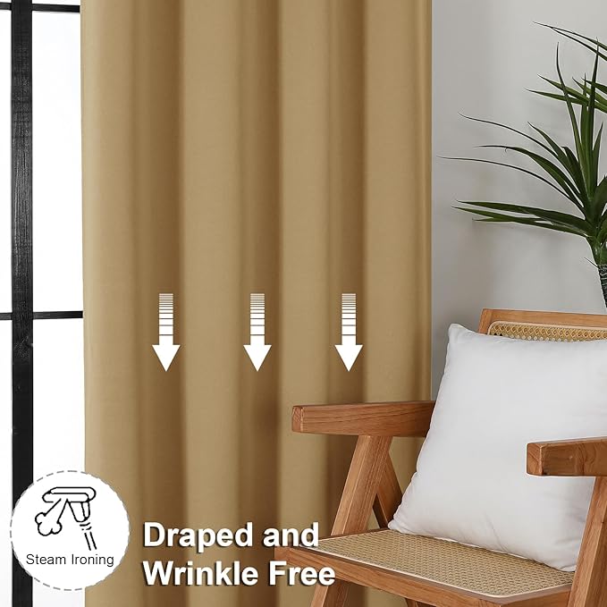 Simplebrand Ava Gold Blackout Curtains for Bedroom, 72 Inch Length 2 Panels Set, Thermal Insulated Privacy Rod Pocket Curtains for French Door, W40 x L72 Inch