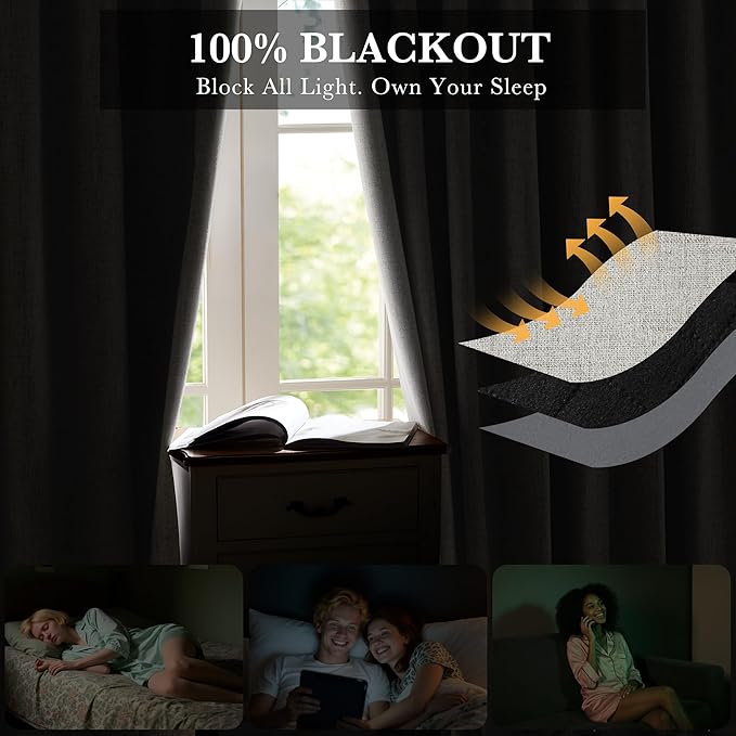 RYB HOME Cream 100% Blackout Curtains 63 inch Long, Light Blacking & Thermal Insulated Curtains for Nursery/Bedroom/Kids'Room, Back Tab & Rod Pocket Window Treatment, W52 x L63, 2 Panels