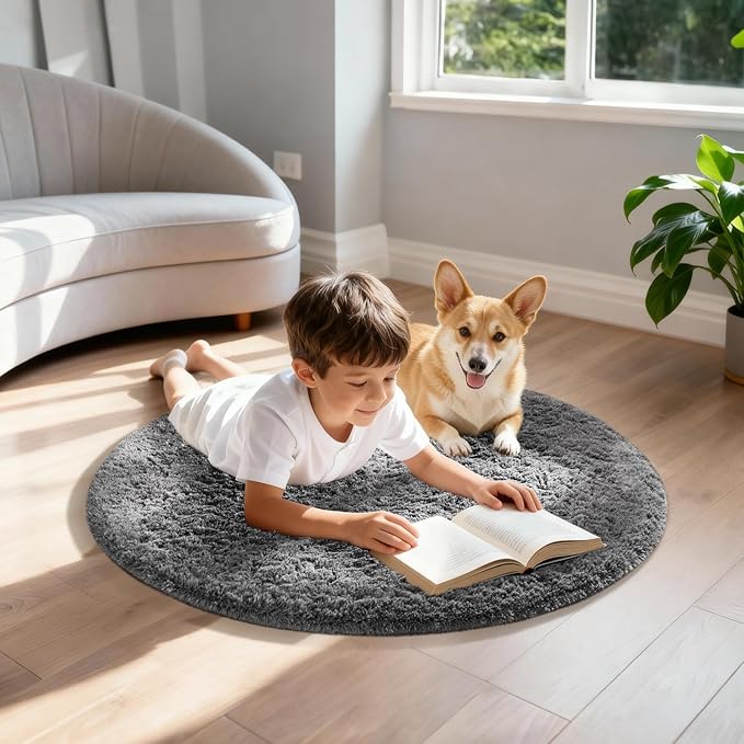 Ophanie Round Rug 2Ft Grey Circle Area Rug, Fluffy Fuzzy Bedroom Carpet, Plush Soft Shaggy Indoor Floor Gray Living Room Rugs for Kids Home Decor Aesthetic, Nursery