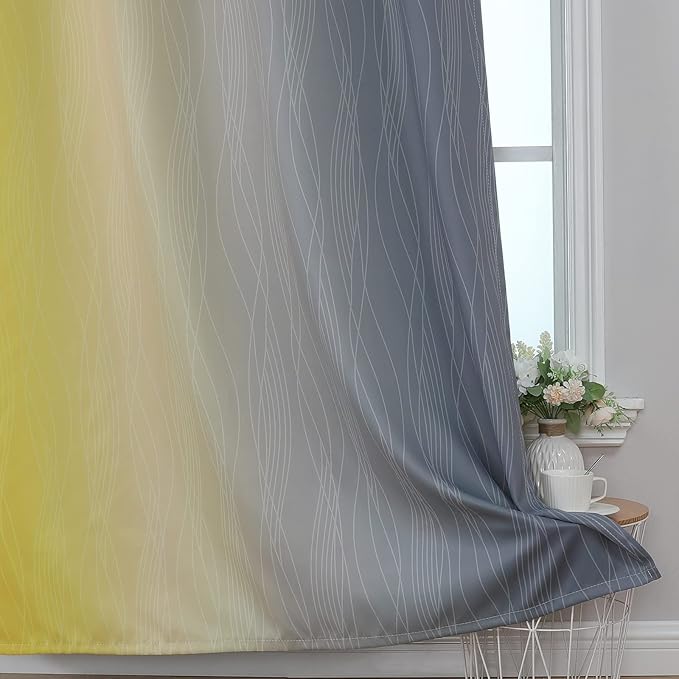 Ombre Gray and Yellow Blackout Curtains 63 Inch Length 2 panels, Full Room Darkening Curtains for Kids Room, Grommet Thermal Insulated Gradient Drapes, Light Blocking Curtains for Bedroom, 52x63 Inch