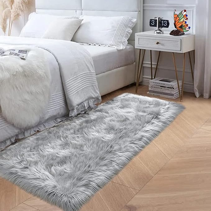 Goolela Grey Fluffy Fuzzy Furry Rug 2x6 for Bedroom Bedside Runner Faux Sheepskin Fur Shaggy Soft Plush Rectangle