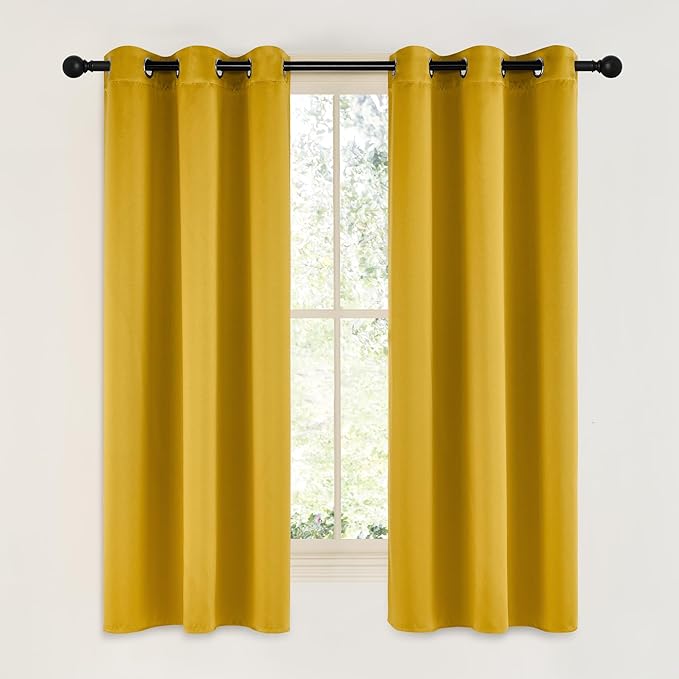 NICETOWN Gold Blackout Cafe Faux Silk Curtains for Small Windows, 42" Wide by 63" Long, 2 Panels, Grommet Privacy Blackout Satin Drapes for Home Decoration